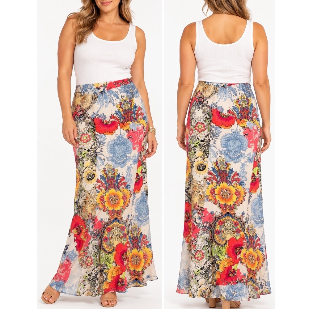 NEW Chicos Patchwork Floral Maxi Skirt Multicolor Pink Paisley Skirt Chicos 3 XL